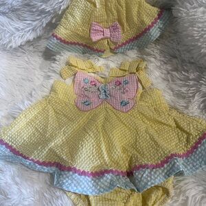 Seer Sucker Yellow and Pink Butterfly Dress Set for Kids
